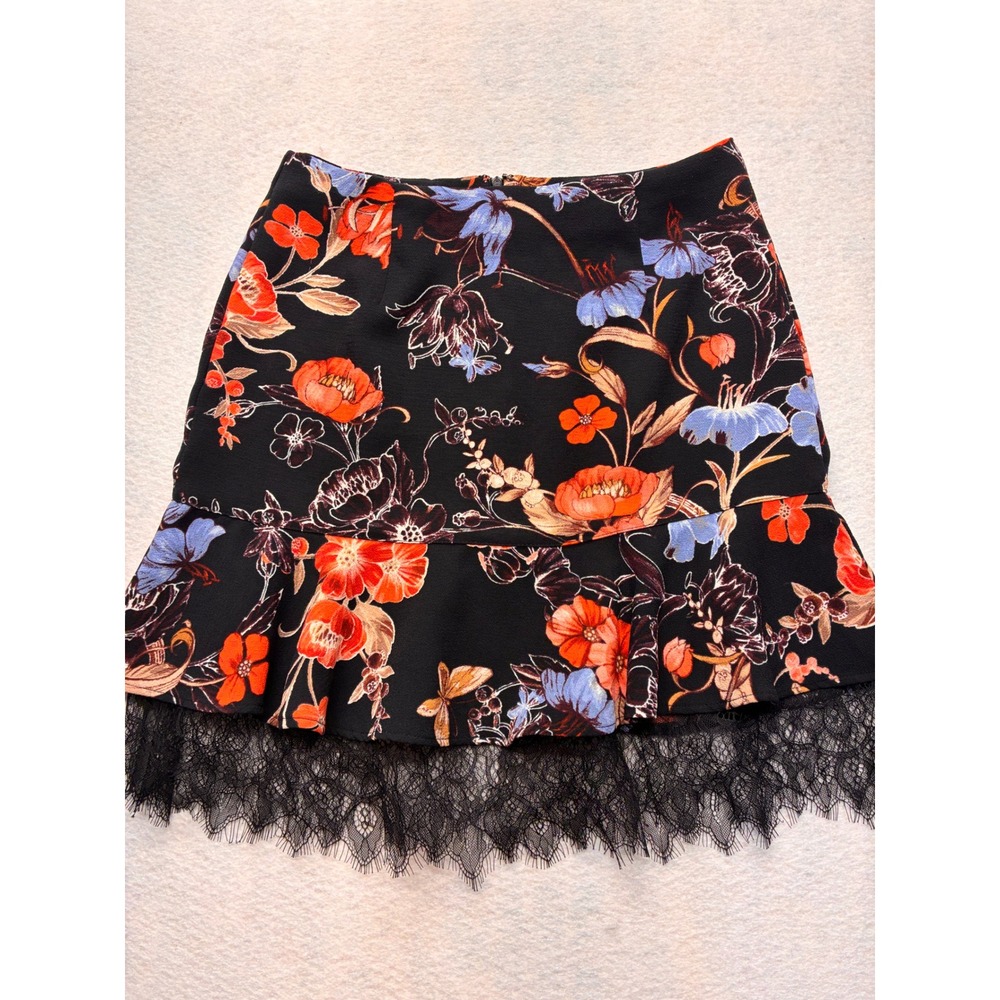 Who What Wear Floral Lace Trim Mini Skirt Whimsigoth Ruffle Hem 4 Black